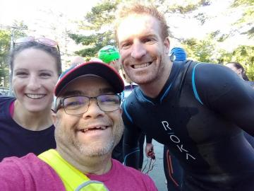 Selfie of Jeff and Lianne with their good friend and paratriathlete John Young who volunteered at the race. Photo credit: John Young
